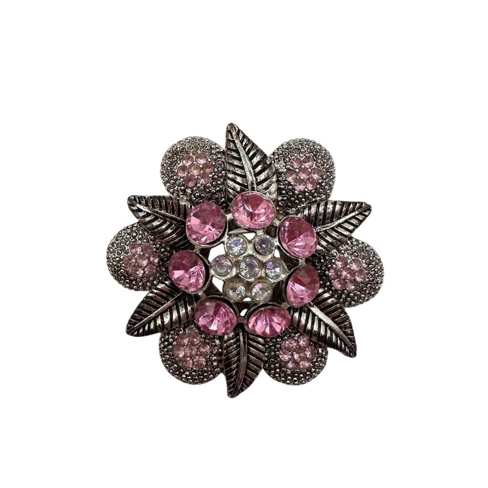 Vtg Silver Tone Pink Rhinestone Bling Brooch Floral Pin Iridescent Crystals